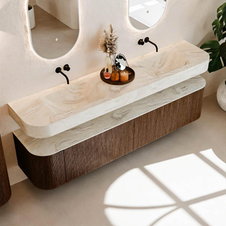 MONDIAZ THOR-DLUX 200cm meuble de salle de bains arrondi gauche + droite couleur Walnut avec 2 tiroirs et 2 portes. Vasque suspendue CLOUD Double sans trou de robinet couleur Ostra.