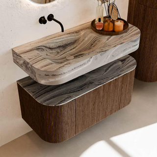MONDIAZ THOR-DLUX 100cm meuble de salle de bains arrondi gauche + droite couleur Walnut avec 1 tiroir et 2 portes. Vasque suspendue CLOUD Gauche sans trou de robinet couleur Sombra.