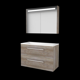 Basic-Line Premium 46 ensemble de meubles de salle de bain 100x46cm avec poignées 2 tiroirs lavabo acrylique 2 trous de robinetterie armoire de toilette éclairage led intégré mfc scotch oak