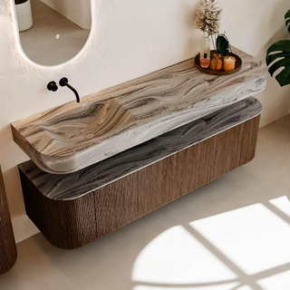 MONDIAZ THOR-DLUX Meuble de salle de bains 170cm arrondi gauche + droite couleur Walnut avec 1 tiroir et 2 portes. Vasque suspendue CLOUD Gauche sans trou de robinet couleur Sombra.