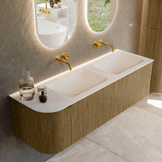 Mondiaz KURVE Ensemble de meuble salle de bain - 145x46x40cm - 1 tiroir - 1 porte - lavabo en solid surface - double / droite - sans trou de robinet - Dusk