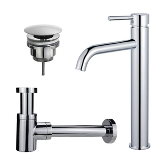 FugaFlow Eccelente Sobrado Kit mitigeur lavabo - robinet rehaussé - bonde non-obturable - siphon design bas - Chrome brillant