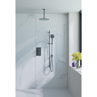 Fortifura Calvi Ensemble de douche pluie encastrable - thermostatique - bras plafond - pommeau 25cm - barre curseur - douchette ronde - flexible en métal - Gunmetal