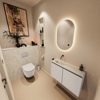 MONDIAZ TURE-DLUX Meuble toilette - 80cm - Linen - EDEN - vasque Ostra - position gauche - sans trou de robinet