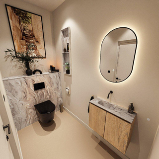 MONDIAZ TURE-DLUX Meuble toilette - 60cm - Washed Oak - EDEN - vasque Glace - position gauche - sans trou de robinet