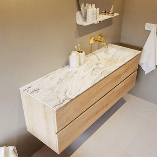 Mondiaz VICA-DLUX ensemble de meuble de salle de bain - 150cm - meuble sous-vasque chêne blanchi - 2 tiroirs - lavabo encastré cloud droite - sans trous de robinet - version haute de 60cm - glace