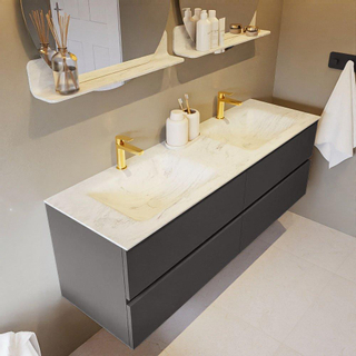 Mondiaz VICA-DLUX ensemble de meuble de salle de bain - 150cm - meuble sous-vasque gris foncé - 4 tiroirs - lavabo encastré cloud double - 2 trous de robinet - version haute de 60cm - opalo