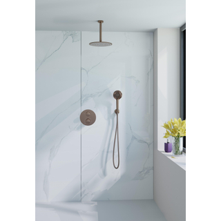 Fortifura Calvi Ensemble de douche à l'italienne - rond - thermostatique - bras plafond - douche principale de 25 cm - douchette ronde - flexible lisse - Cuivre brossé PVD (Cuivre)