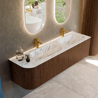 MONDIAZ KURVE-DLUX 165cm Meuble salle de bain avec module 25 G - couleur Walnut - 2 tiroirs - 1 porte - vasque STOR SMALL double / droite - 2 trous de robinet - couleur Glace