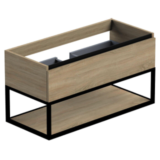 Thebalux Type wastafelonderkast 1lades 1 x lade zwart frame 1 x greeplijst mat zwart Type 1 en 5 wand MDF spaanderplaat metaal brandy met Cube wastafel 101x46x12cm 1 kraangat met wasbak rechthoek keramiek wit mat SHOWROOMMODEL