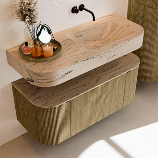 MONDIAZ THOR-DLUX 110cm meuble de salle de bains arrondi gauche + droite couleur Dusk avec 1 tiroir et 2 portes. Vasque suspendue CLOUD droite sans trou de robinet couleur Arena.