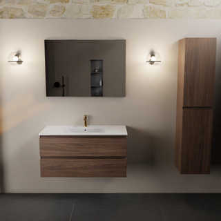 Mondiaz AIVY Ensemble de meuble - 100x45x50cm - 1 trou de robinet - 1 vasque Urban Solid surface - Centre - 2 tiroirs - avec miroir - Melamine Mocha