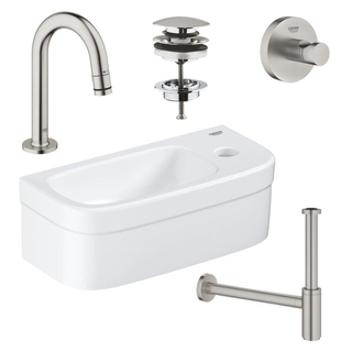 Grohe Euro pack Lave-mains 37x18cm 1 trou de robinet sans trop-plein robinet courbé Super Steel avec siphon et bonde de vidage vasque rectangulaire blanc