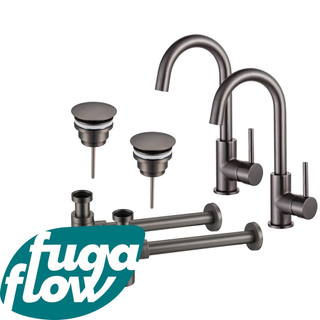 FugaFlow Eccelente Sobrado Badkamer Wastafelkraanset - voor dubbele wastafel - hoge wastafelkraan - draaibare uitloop - always open plug - design sifon - PVD Gepolijst Gunmetal - Black Friday -