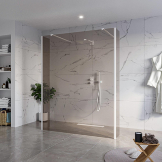 FugaFlow Eccelente Vetro Douche à l'italienne libre - 160x200cm - Verre fumé - anti-calcaire - verre de sécurité 8mm - 2 parois latérales 30cm - avec bras muraux et profils d'angle - Blanc mat -