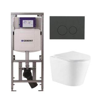 QeramiQ Dely Toiletset - 36.3x51.7cm - diepspoel - rimless - Geberit UP320 inbouwreservoir - met Burda frame - softclose toiletzitting - bedieningsplaat mat antraciet - ronde knoppen - wit mat
