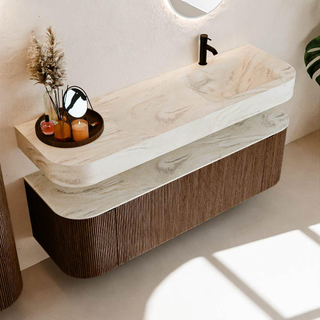 MONDIAZ THOR-DLUX 150cm meuble de salle de bains arrondi gauche + droite couleur Walnut avec 1 tiroir et 2 portes. Vasque suspendue CLOUD Droite 1 trou de robinet couleur Ostra.