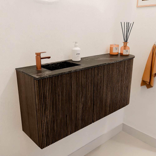 Mondiaz JOYA-DLUX 91.6cm toiletmeubel - ronding rechts kleur Walnut - Wastafel FAYE positie Links 1 kraangat kleur Lava.