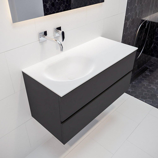 MONDIAZ VICA Ensemble de meuble salle de bain - 100cm - 2 tiroirs - lavabo Moon gauche - 0 trous de robinet - solid surface gris foncé