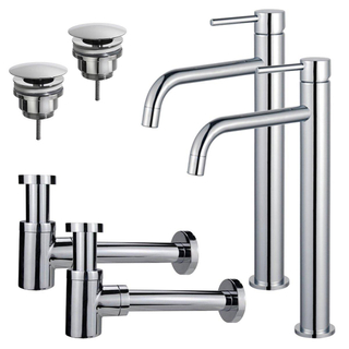 FortiFura Calvi Kit robinet lavabo - pour double vasque - robinet rehaussé - bonde non-obturable - siphon design bas - Chrome brillant