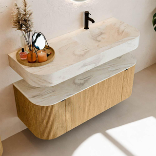 MONDIAZ THOR-DLUX 120cm badmeubel ronding links + rechts kleur Oak met 1 lade en 2 deuren. Vrijhangende wastafel CLOUD Rechts 1 kraangat kleur Ostra.