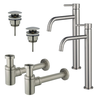 FugaFlow Eccelente Sobrado Slim Kit robinet lavabo - pour double vasque - robinet rehaussé - bonde clic clac - siphon design bas - PVD