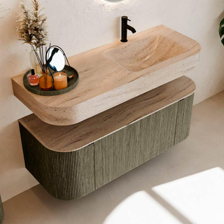 MONDIAZ THOR-DLUX 120cm meuble de salle de bains arrondi gauche + droite couleur Shadow avec 1 tiroir et 2 portes. Vasque suspendue CLOUD Droite 1 trou de robinet couleur Saba.