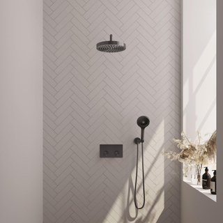 BRAUER Stripe Douche de pluie thermostatique encastrée - boutons-poussoirs - pomme de douche 25cm - bras mural courbé - douchette 3 positions - flexible de douche - coude mural - gunmetal brossé PVD