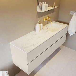 Mondiaz VICA-DLUX ensemble de meuble de salle de bain - 150cm - meuble sous-vasque lin - 4 tiroirs - lavabo encastré cloud droite - sans trous de robinet - version haute de 60cm - opalo