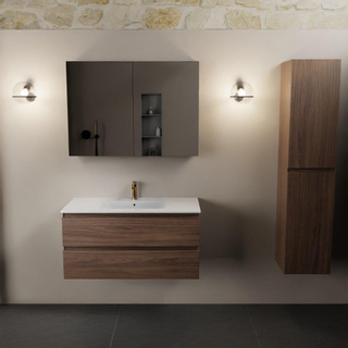 Mondiaz AIVY Ensemble de meuble - 100x45x50cm - 1 trou de robinet - 1 vasque Talc céramique - Centre - 2 tiroirs - avec armoire de toilette - Melamine Mocha