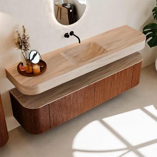 MONDIAZ THOR-DLUX 180cm meuble de salle de bains arrondi gauche + droite couleur Ruby avec 2 tiroirs et 2 portes. Vasque suspendue CLOUD Milieu sans trou de robinet couleur Saba.