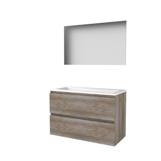 Basic-Line Ultimate 46 ensemble de meubles de salle de bain 100x46cm sans poignée 2 tiroirs vasque acrylique 1 trou de robinetterie miroir éclairage mfc scotch oak