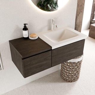 MONDIAZ BUKLA 100cm badmeubel met module 40 kleur Dark Brown met 2 lades. Wastafel CLOUD rechts 1 kraangat kleur Talc.