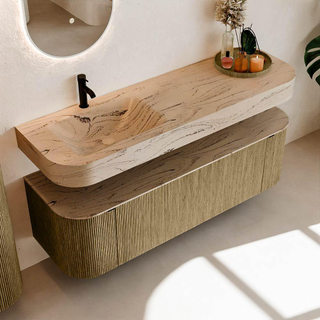 MONDIAZ THOR-DLUX 150cm meuble de salle de bains arrondi gauche + droite couleur Dusk avec 1 tiroir et 2 portes. Vasque suspendue CLOUD Gauche 1 trou de robinet couleur Arena.