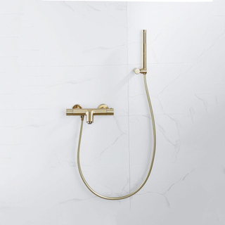 FugaFlow Eccelente Sobrado Robinet de baignoire thermostatique avec douchette stick, support et flexible lisse Laiton brossé PVD