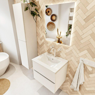 MONDIAZ VICA 60cm meuble sous lavabo Talc 2 tiroirs. Lavabo DENIA centre 1 trou de robinet, couleur Blanc Brillant.