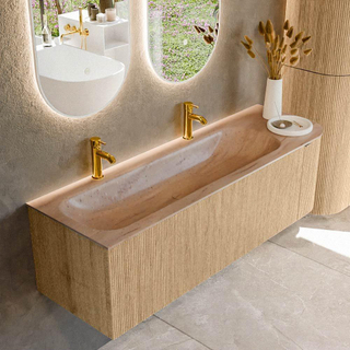 MONDIAZ KURVE-DLUX 145cm badmeubel ronding Rechts kleur Oak met 1 lade en 1 deur. Wastafel BIG LARGE Links 2 kraangaten Saba.