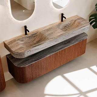 MONDIAZ THOR-DLUX 170cm meuble de salle de bains arrondi gauche + droite couleur Ruby avec 1 tiroir et 2 portes. Vasque suspendue CLOUD Double 2 trous de robinet couleur Oza.