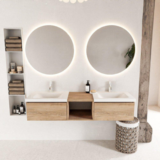 Mondiaz bukla ensemble de meubles de salle de bain 160x45x34cm 2 robinets 2 lavabos surface solide talc sans poignée 2 tiroirs avec fermeture douce mélamine chêne lavé