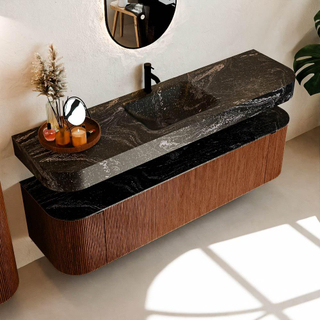 MONDIAZ THOR-DLUX Meuble de salle de bains - 170cm - arrondi gauche + droite - couleur Ruby - 1 tiroir et 2 portes - Vasque suspendue CLOUD Milieu 1 trou de robinet - couleur Lava