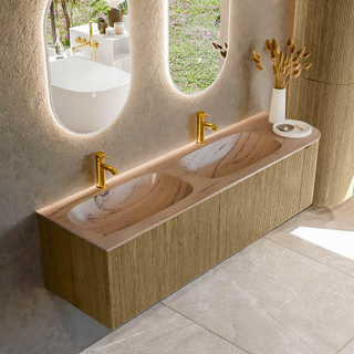 MONDIAZ KURVE-DLUX 165cm badmeubel ronding Rechts kleur Dusk met 2 lades en 1 deur. Wastafel STOR SMALL Dubbel / Links 2 kraangaten Arena.