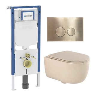 QeramiQ Dely Swirl Toiletset - 36.3x51.7cm - Geberit UP720 Duofix Sigma inbouwreservoir -slim zitting - geborsteld messing bedieningsplaat - ronde knoppen - beige