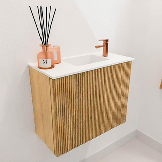 Mondiaz JOYA 50cm toiletmeubel - kleur Oak - Wastafel FAYE positie Rechts 1 kraangat kleur Talc.