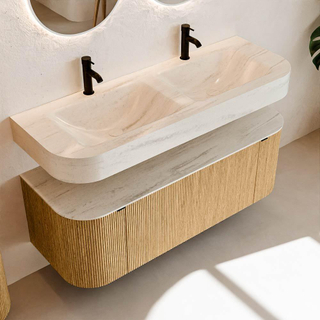 MONDIAZ THOR-DLUX 130cm meuble de salle de bains arrondi gauche + droite couleur Oak avec 1 tiroir et 2 portes. Vasque suspendue CLOUD Double 2 trous de robinet couleur Meli.