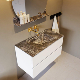 Mondiaz VICA-DLUX ensemble de meuble de salle de bain - 90cm - meuble sous-vasque talc - 2 tiroirs - lavabo encastré cloud milieu - sans trous de robinet - miroir modèle spot - version XL 60cm haut - lave