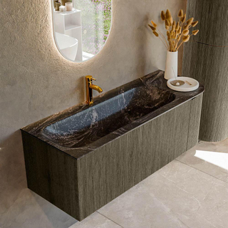 Mondiaz KURVE-DLUX Ensemble de meuble salle de bain - 125x46x40cm - 1 tiroir - 1 porte - lavabo en solid surface - gauche - 1 trou de robinet - Shadow