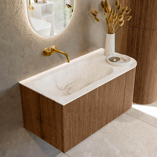 MONDIAZ KURVE-DLUX 95cm Meuble salle de bain avec module 25 D - couleur Walnut - 1 tiroir - 1 porte - vasque BIG SMALL gauche - sans trou de robinet - couleur Frappe