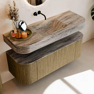 MONDIAZ THOR-DLUX 130cm meuble de salle de bains arrondi gauche + droite couleur Dusk avec 1 tiroir et 2 portes. Vasque suspendue CLOUD Milieu sans trou de robinet couleur Oza.