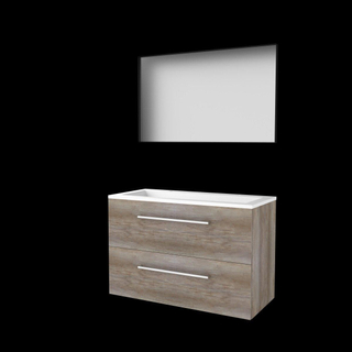 Basic-Line ensemble de meubles de salle de bain 100x46cm avec poignées 2 tiroirs vasque acrylique 2 trous de robinetterie miroir cadre aluminium noir mat tout autour mfc scotch oak