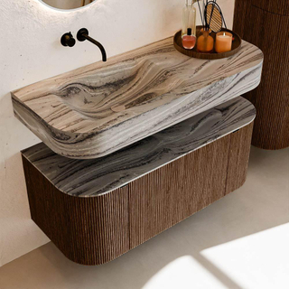 MONDIAZ THOR-DLUX Meuble de salle de bains 110cm arrondi gauche + droite couleur Walnut avec 1 tiroir et 2 portes. Vasque suspendue CLOUD Gauche sans trou de robinet couleur Sombra.